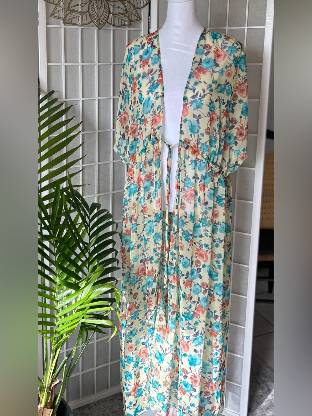 Ces Femme Cream Floral Kimono Cover-Up with Teal and Coral Flowers